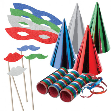 Party Set Holografisch für 4 Personen glitzer hüte hut masken luftschlangen bärte