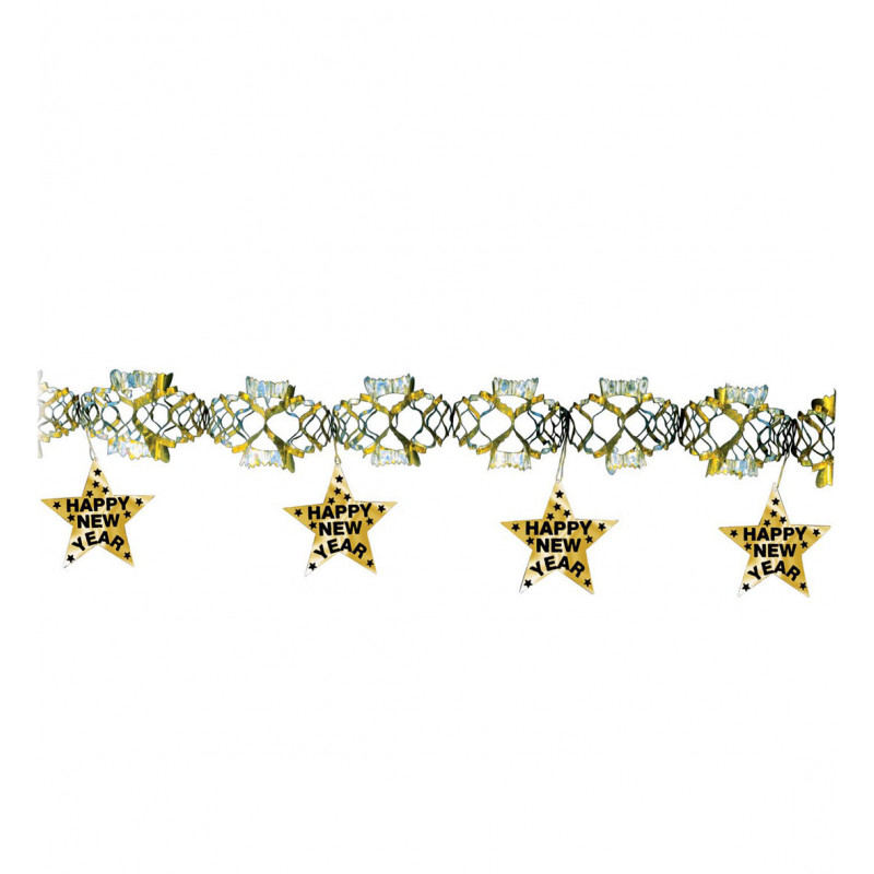 Silvester Deko Happy new year Girlande mit goldenen Sternen silvestergirlande holographisch gold silber X516