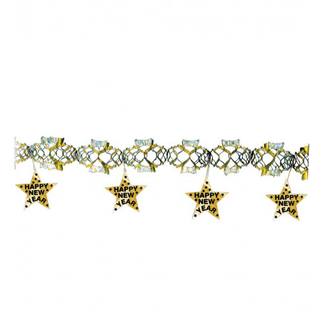 Silvester Deko Happy new year Girlande mit goldenen Sternen silvestergirlande holographisch gold silber X516