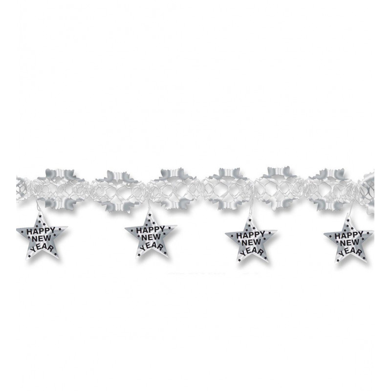Silvester Deko Happy new year Girlande mit silbernen Sternen silvestergirlande holographisch silber x517